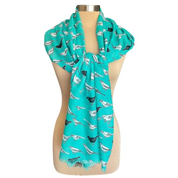 Lafayette Collection Aqua Bird Print Scarf Cotton Large Rectangle 72" x 29" - Picture 2 of 8